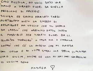 Sisma: lettera di un pompiere su bara piccola Giulia,'scusa'