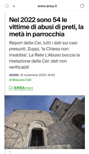 Roccasecca, la foto della chiesa di San Tommaso in un articolo dell'Ansa sugli abusi sessuali dei preti