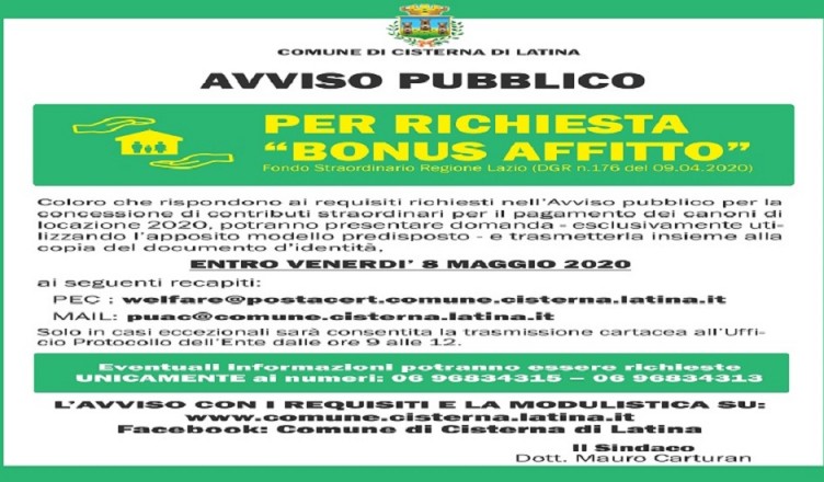 BONUS AFFITTO cisterna di latina