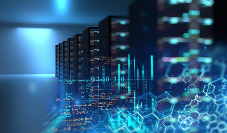 Corridor of  server room with server racks in datacenter. 3d illustration