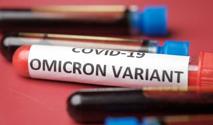 omicron variant corona virus blood test tube on red background