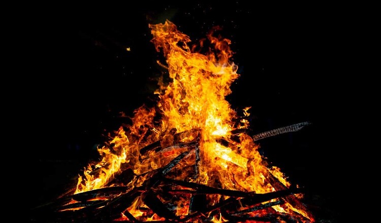 Bonfire that burns on a dark background, wood burning flame.