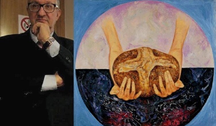 Francesco Guadagnuolo con la sua opera - Il Debito Estero verso una nuova solidarietà - ONU New York