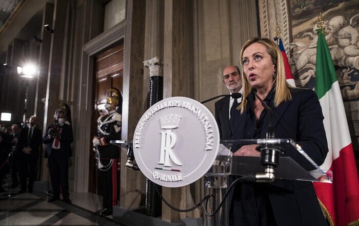 Italian designated prime minister Giorgia Meloni address the media after a meeting with Italian President Sergio Mattarella at the Quirinale Palace on new government formation, in Rome, Italy, 21 October 2022. ANSA / ANGELO CARCONI