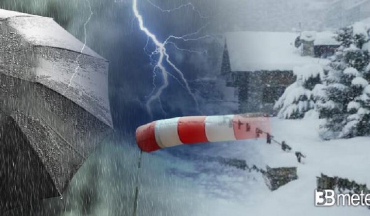 freddo con temporali, neve e vento