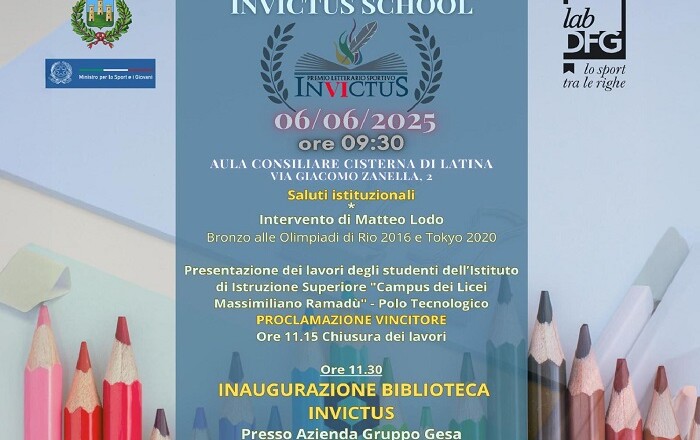 INVICTUS SCHOOL, A CISTERNA LA CONSEGNA DEL PREMIO LETTERARIO