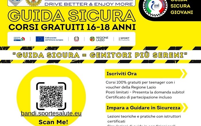 CORSI DI GUIDA SICURA GRATUITI PER I GIOVANI DEL LAZIO 16-18 ANNI